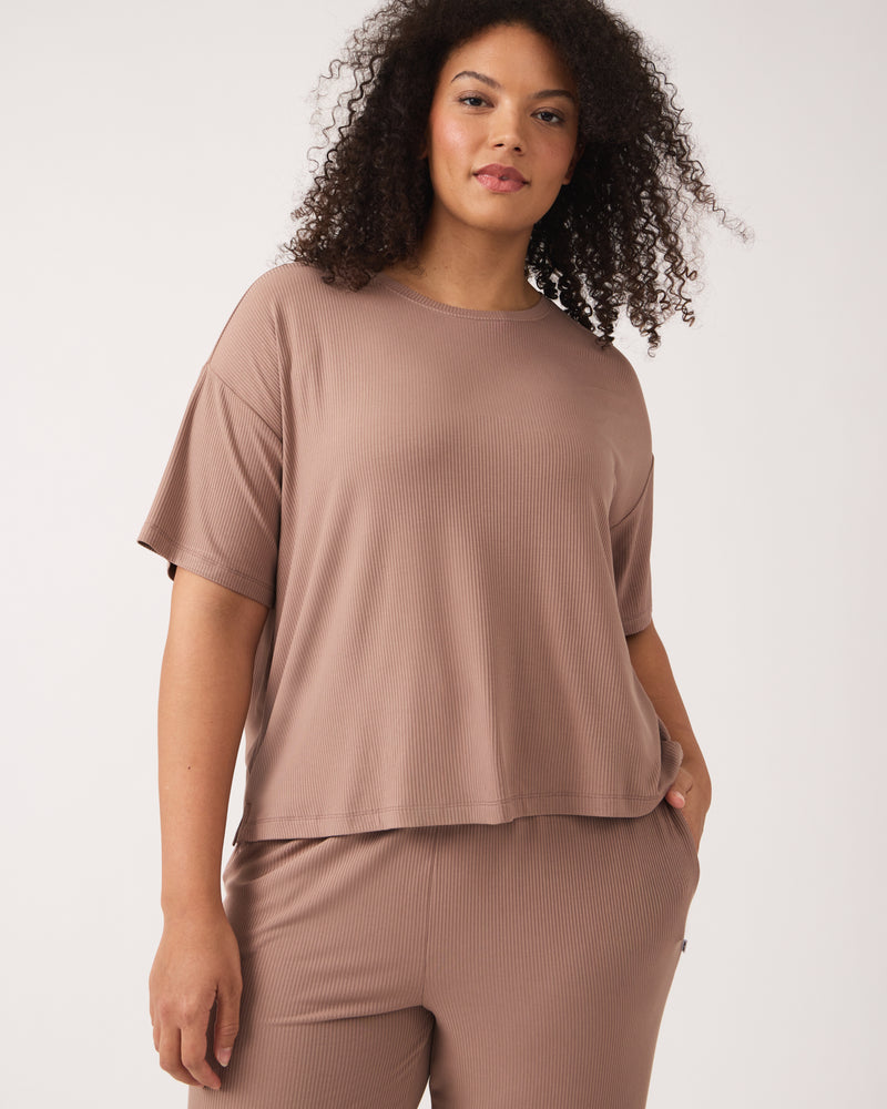 Woman wearing the Hazy Brown Women's Ribbed Boxy Tee