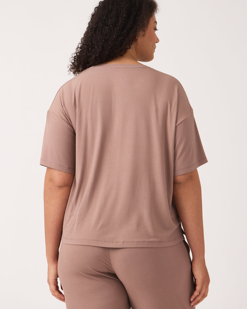 Back view of woman wearing the Hazy Brown Women's Ribbed Boxy Tee