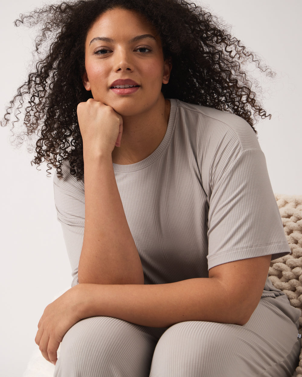 Woman wearing the Dove Gray Women's Ribbed Boxy Tee and Wide Leg Pants