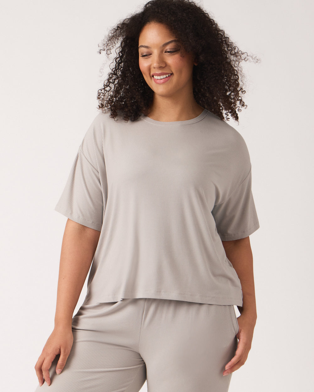 Woman wearing the Dove Gray Women's Ribbed Boxy Tee