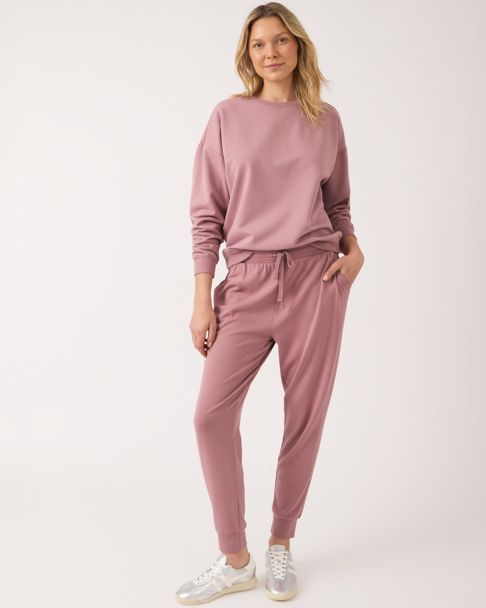 Woman wearing the Rosewood Women's Everyday Jogger and Crewneck