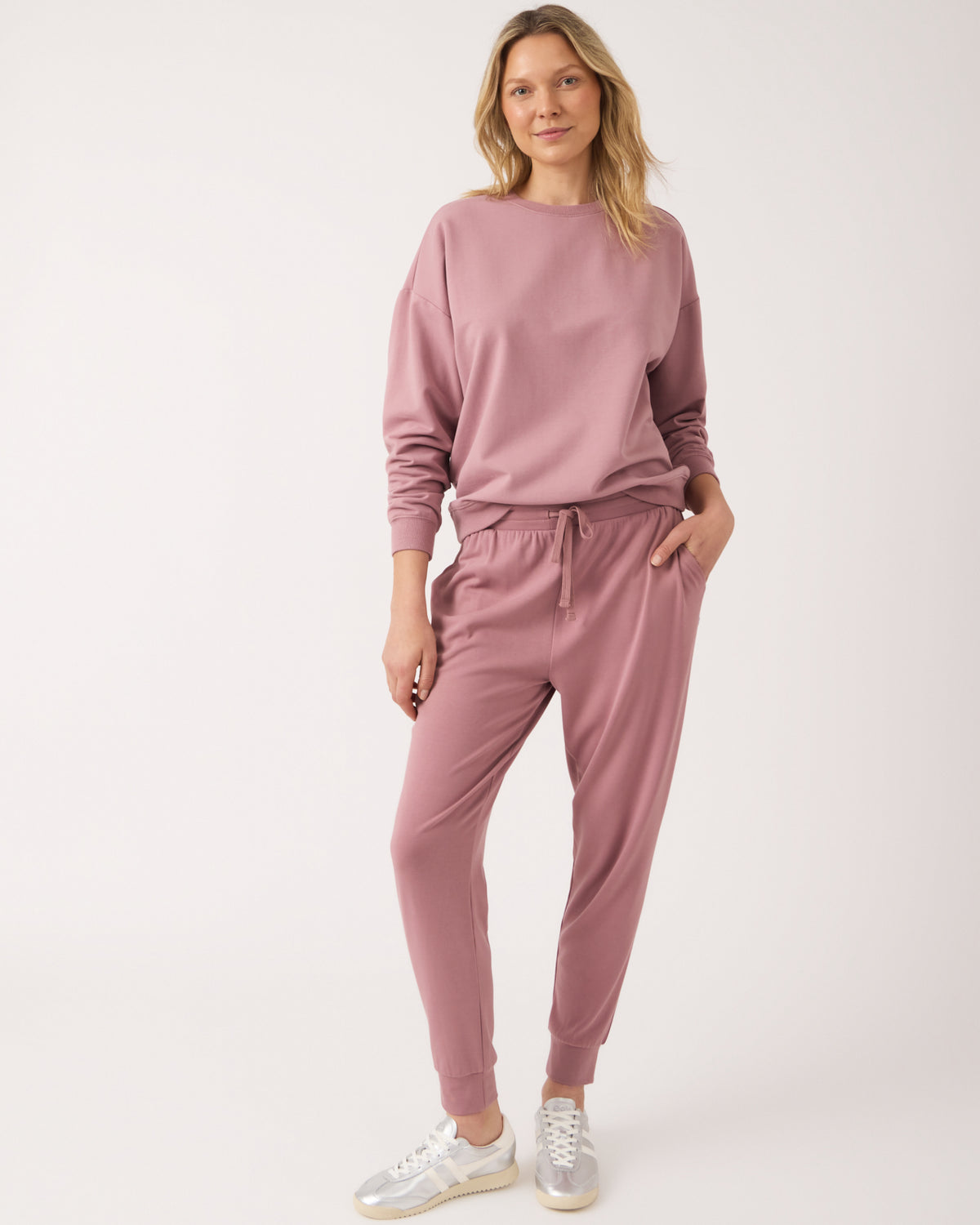 Woman wearing the Rosewood Women's Everyday Jogger and Crewneck