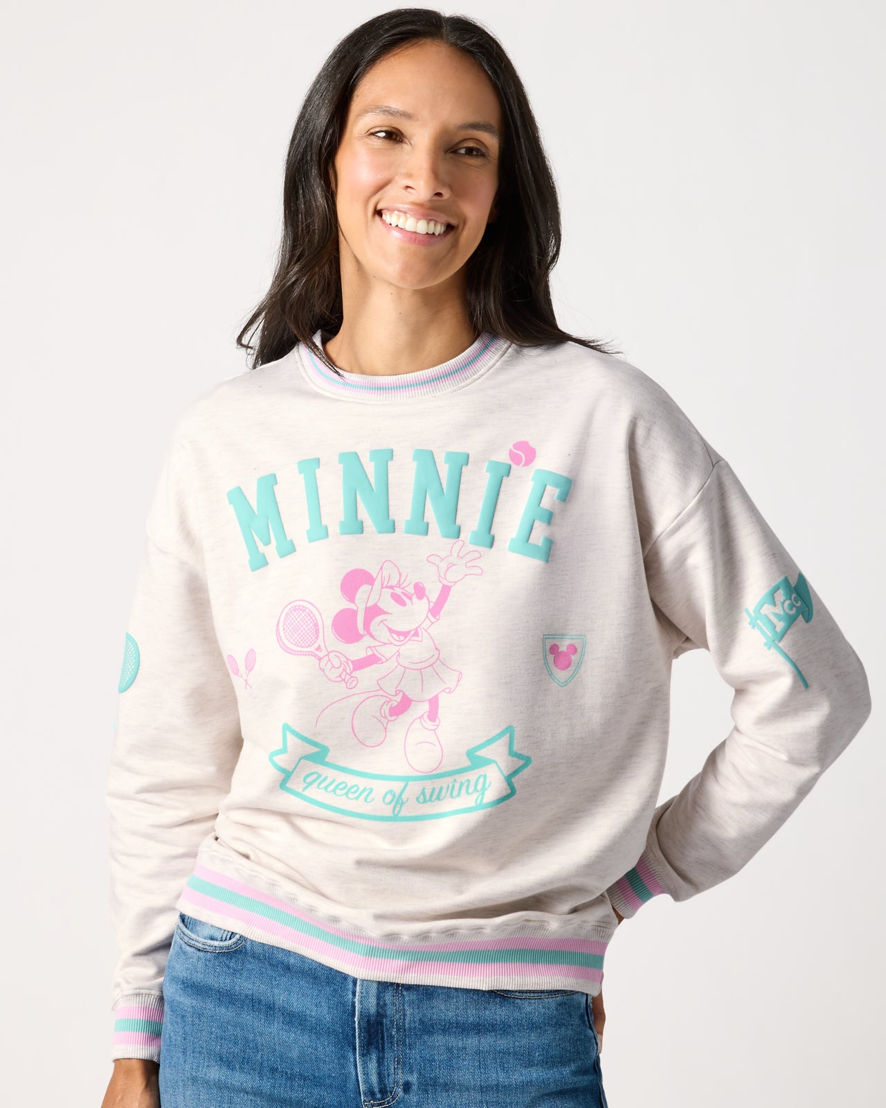 Woman wearing the Disney Minnie Mouse Queen of Swing Women's Crewneck Sweatshirt