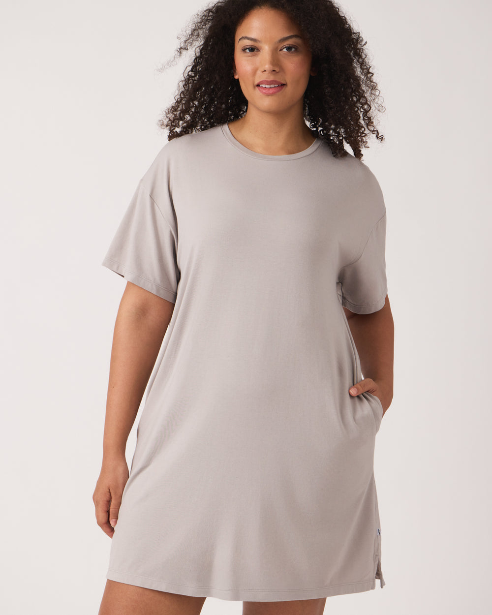 Close up of woman wearing the Dove Gray Women's Lounge Dress