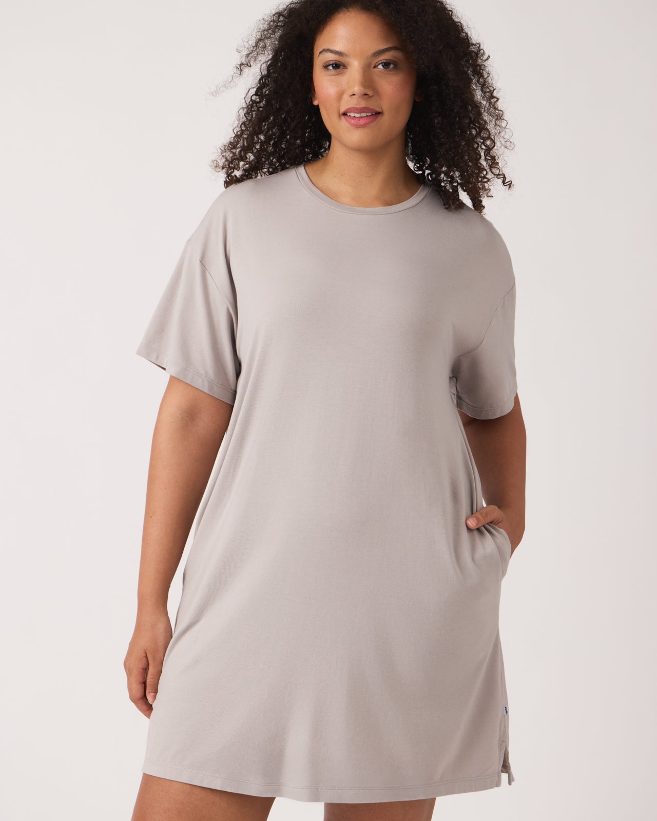 Close up of woman wearing the Dove Gray Women's Lounge Dress