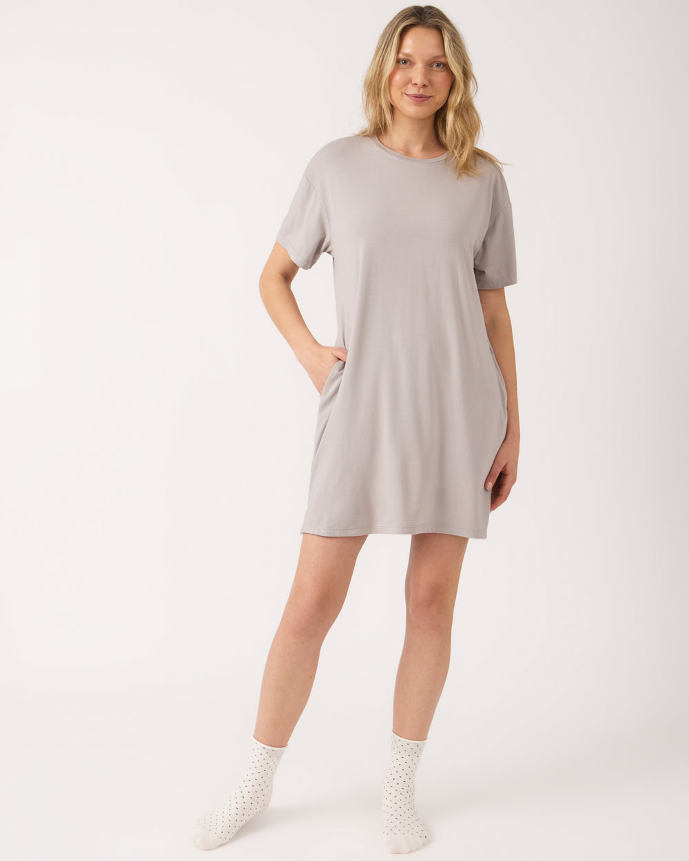 Woman wearing the Dove Gray Women's Lounge Dress