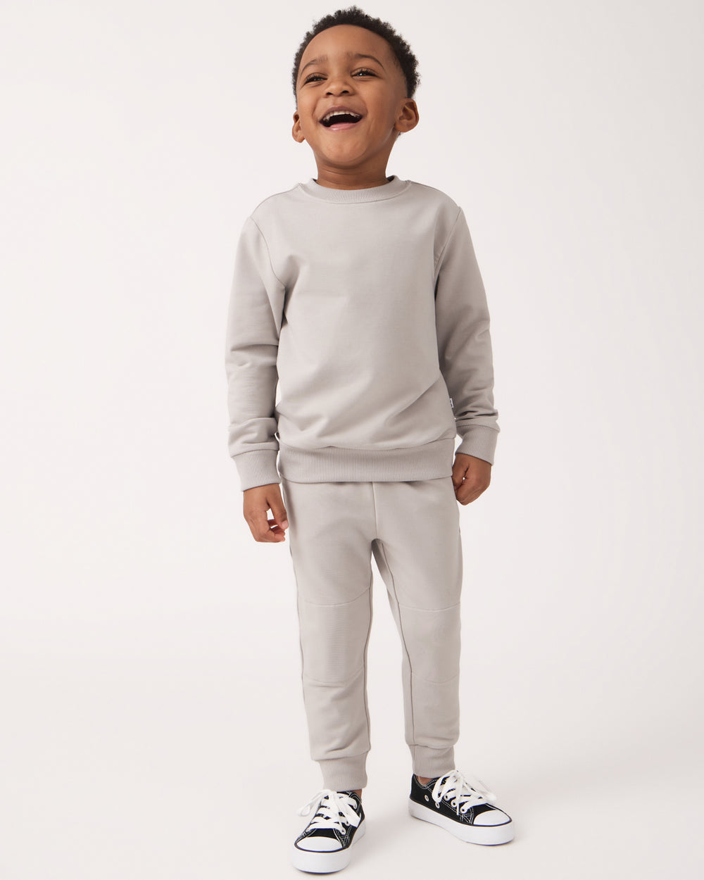 Boy wearing the Dove Gray Crewneck Sweatshirt and Jogger Set