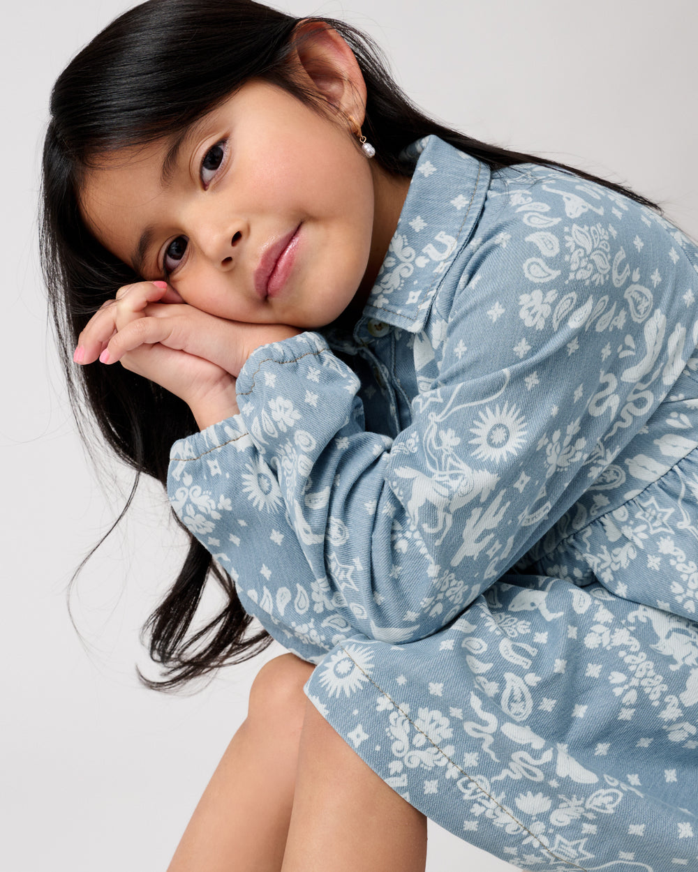 Close up of girl wearing the Bandana Blues Denim Shirt Dress
