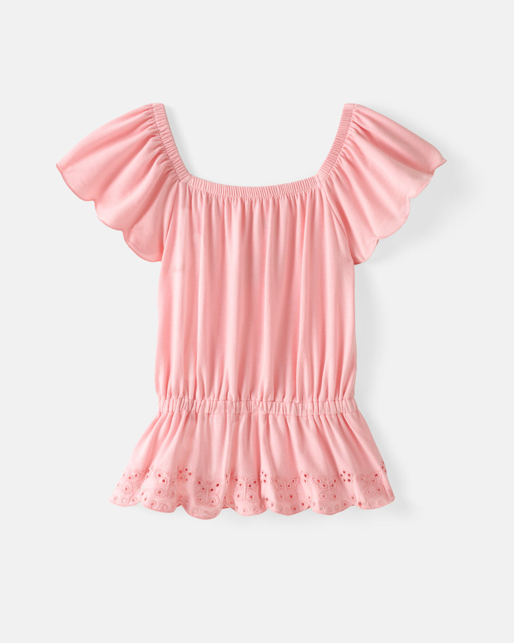Flat lay of the Soft Coral Puff Sleeve Eyelet Top