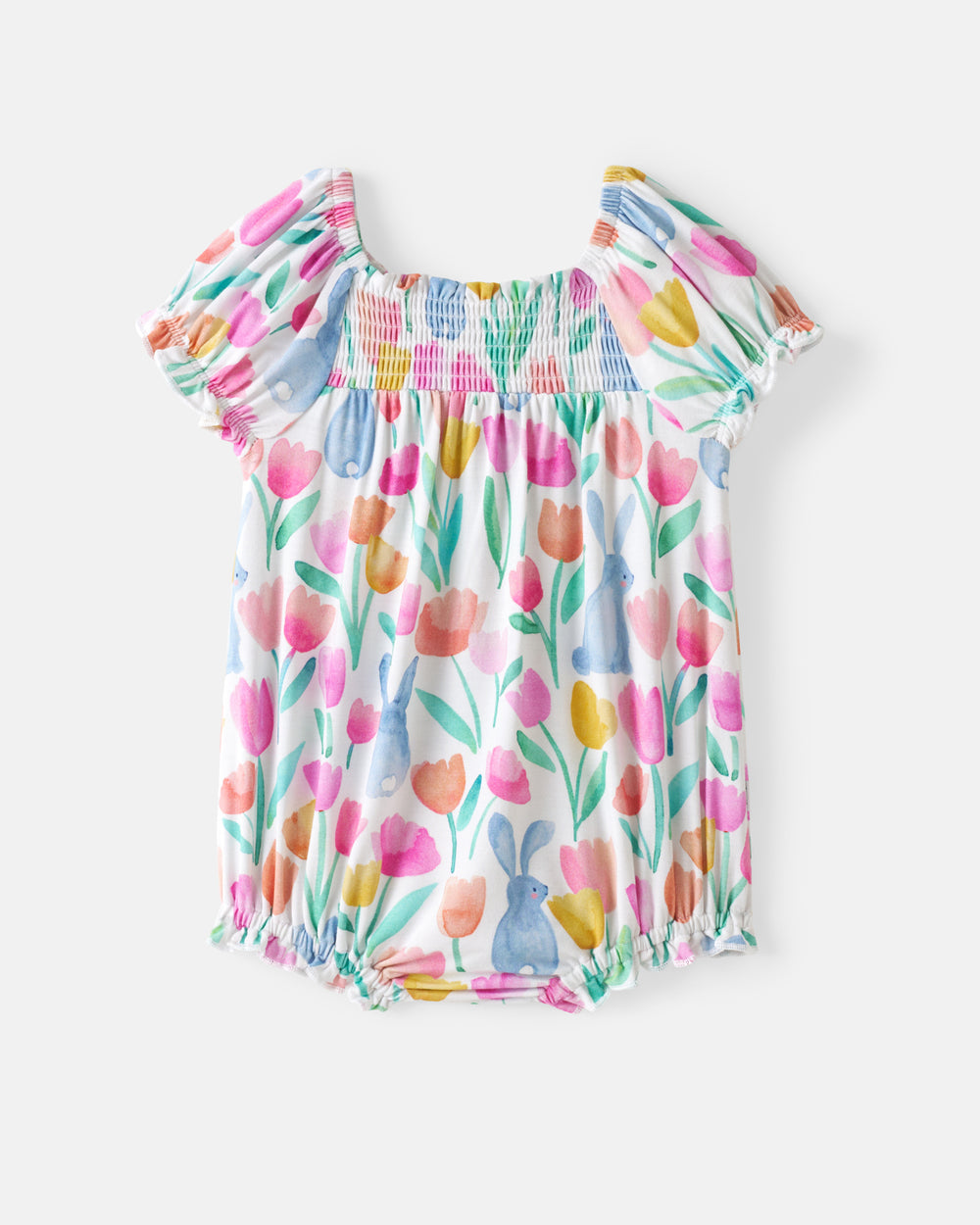 Flat lay of the Garden Hop Smocked Bubble Romper