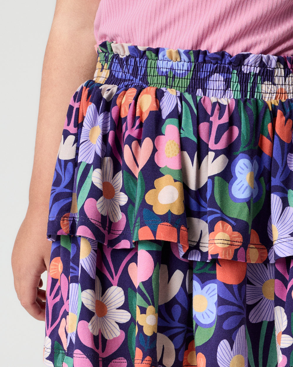 Close up of the skirt detail on the Wild Garden Tiered Skort