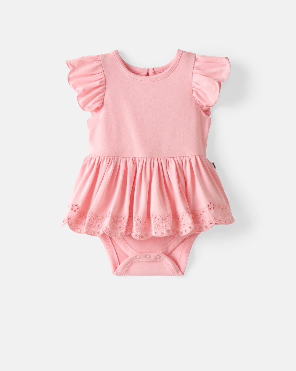 Flat lay of the Soft Coral Puff Sleeve Eyelet Bodysuit