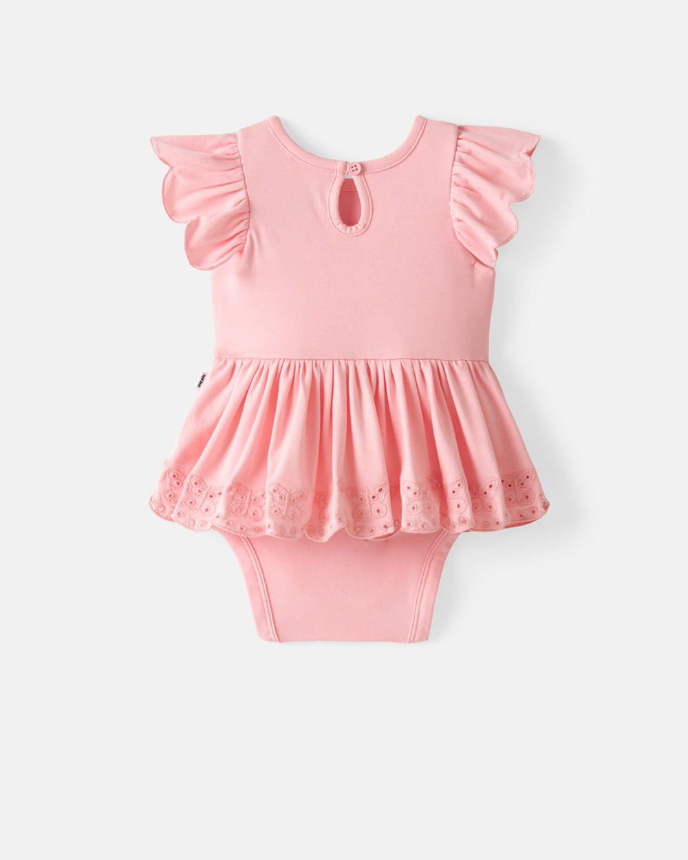 Flat lay of the back of the Soft Coral Puff Sleeve Eyelet Bodysuit