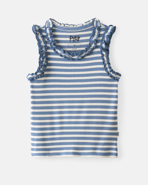 Flat lay of the Infinite Blue Stripe Ribbed Ruffle Tank