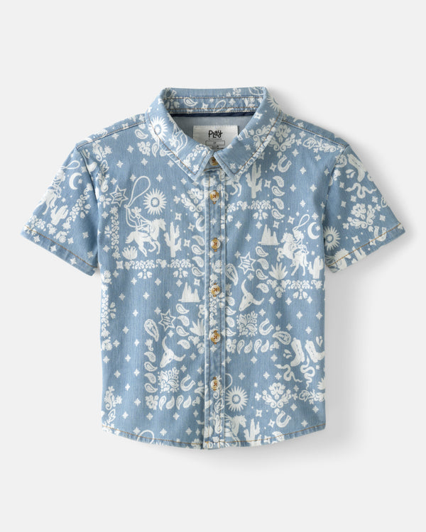 Flat lay of the Bandana Blues Denim Button Down Polo