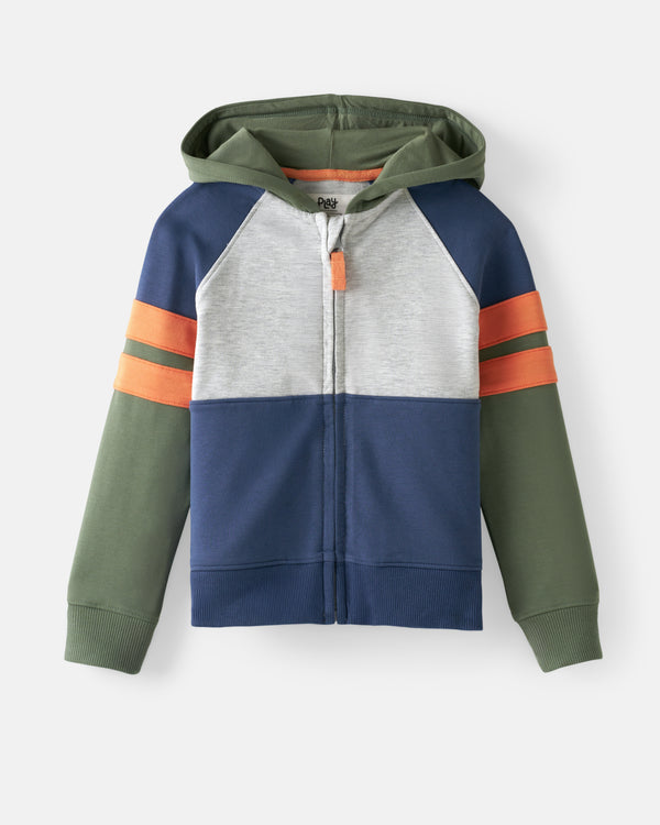 Flat lay of the Moss Colorblock Zip Hoodie 
