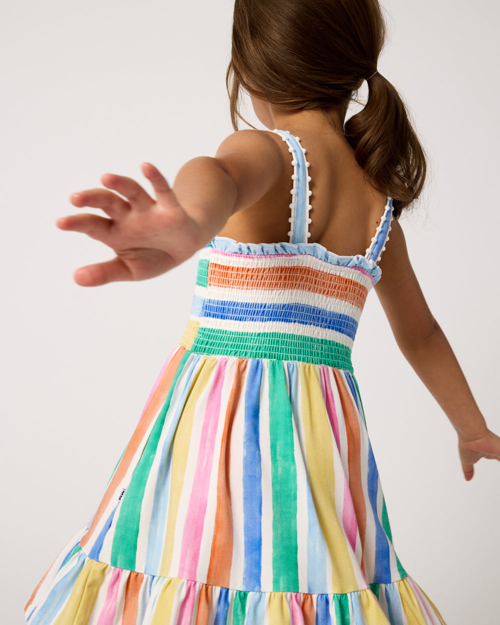 Back view of child wearing the Rainbow Ribbon Smocked Tank Dress