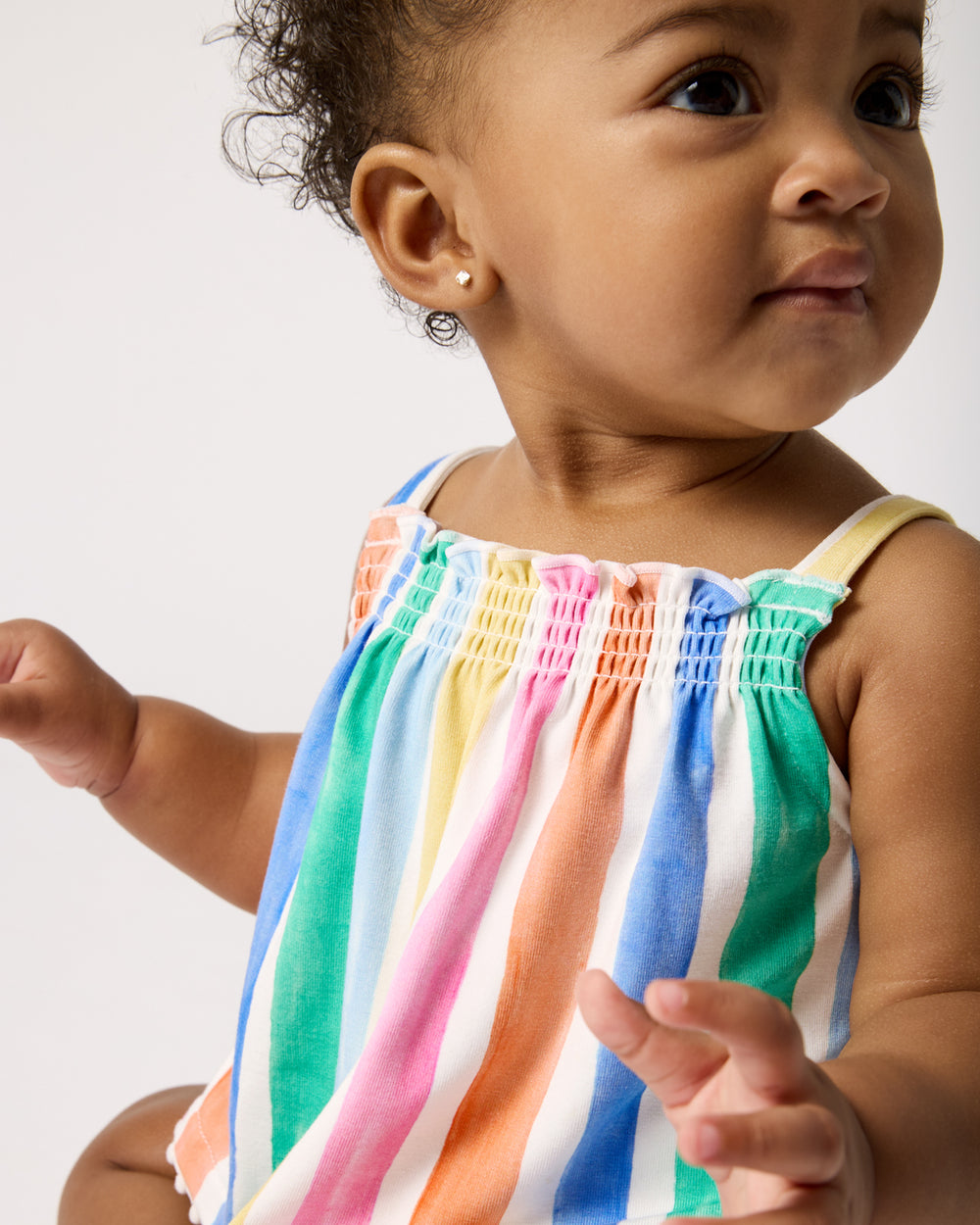 Close up of the smocked detail on the Rainbow Ribbon Smocked Top with Bloomer