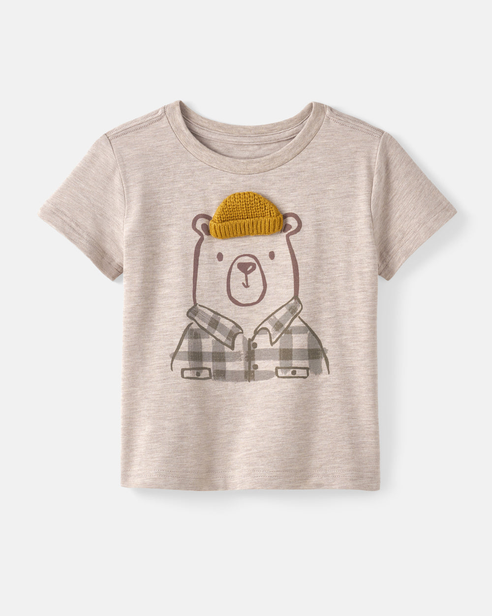 A kids' short-sleeve t-shirt in a light heathered beige, featuring a graphic of a bear wearing a yellow knit beanie and a brown-and-gray plaid shirt on the front.
