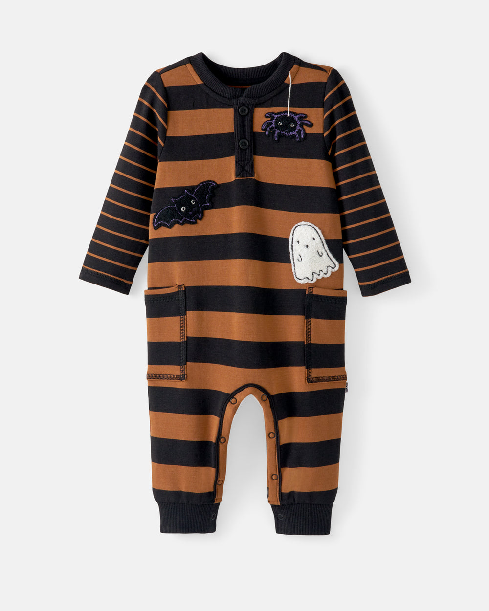 Flat lay of the Spooky Stripes Henley Romper