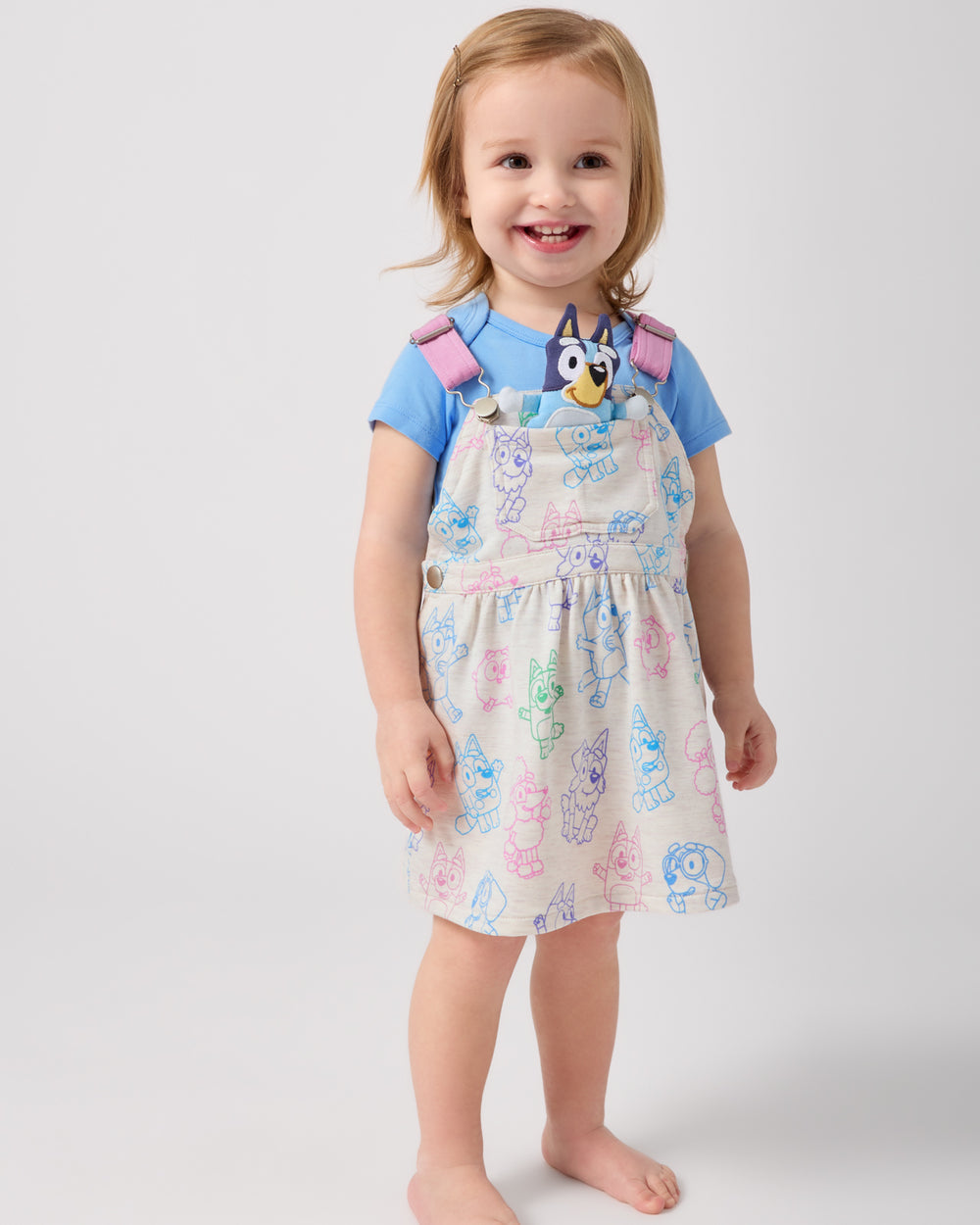Toddler wearing the Bluey Playtime Crew Skirt Overall