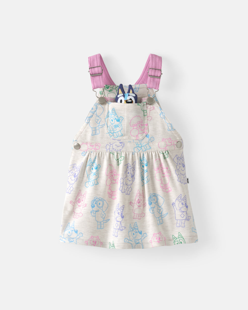Flat lay of the Bluey Playtime Crew Skirt Overall