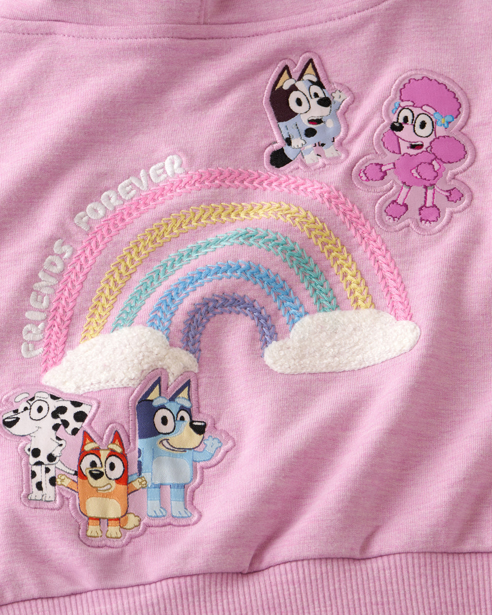 Close up of the embroidered details on the Bluey Friends Forever Hooded Trucker Jacket
