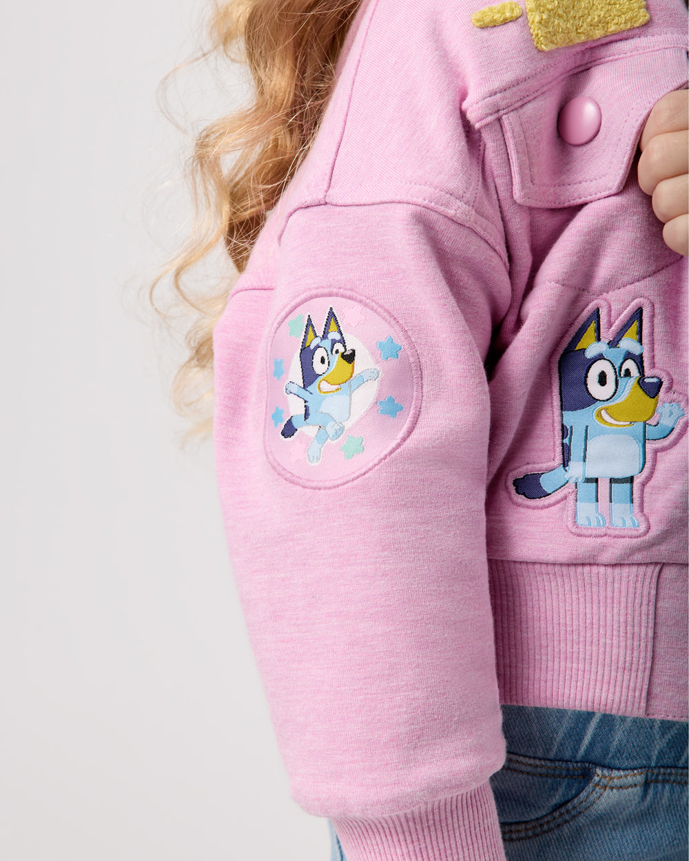 Close up of the Bluey sleeve patch on the Bluey Friends Forever Hooded Trucker Jacket
