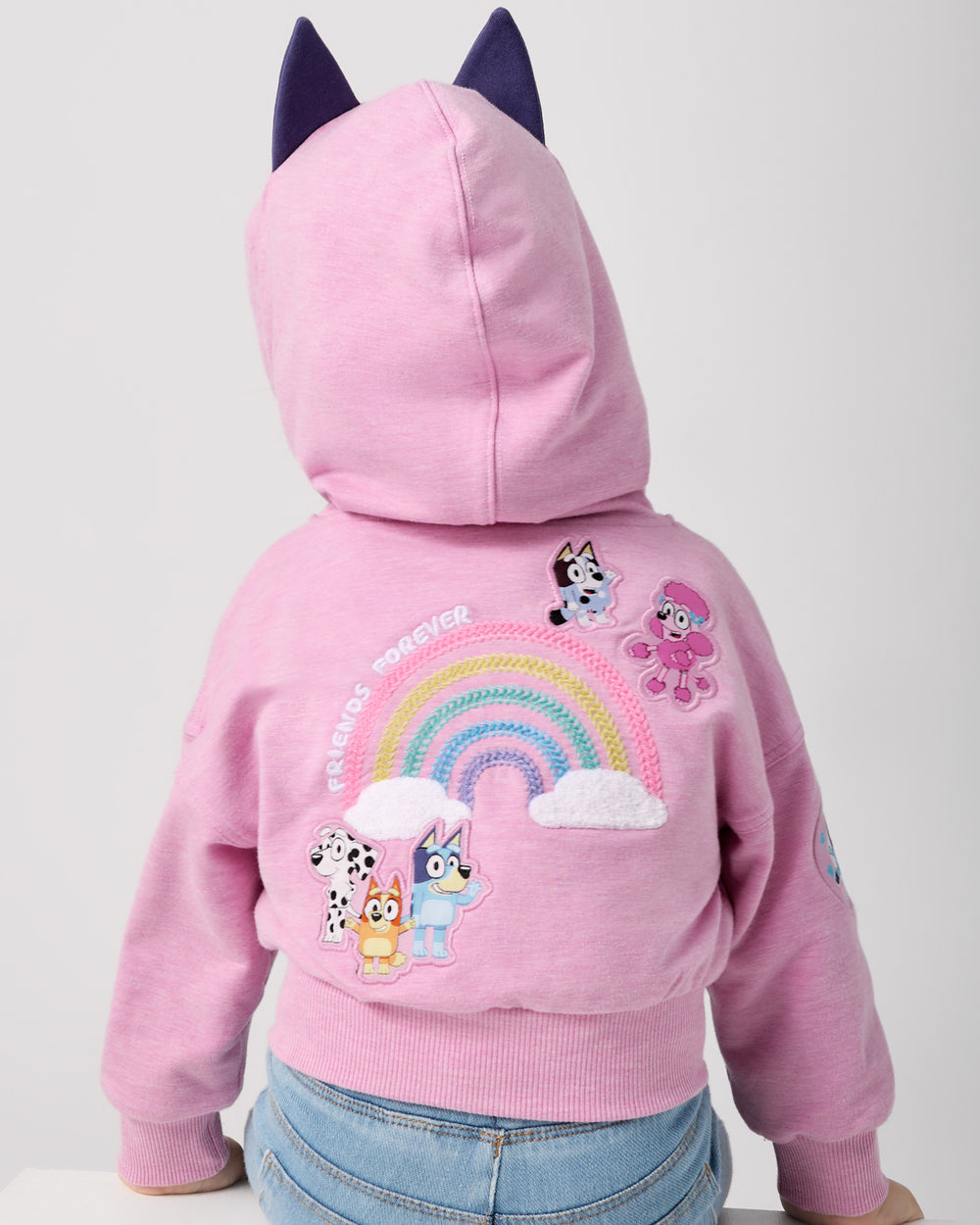 Back view of child wearing the Bluey Friends Forever Hooded Trucker Jacket
