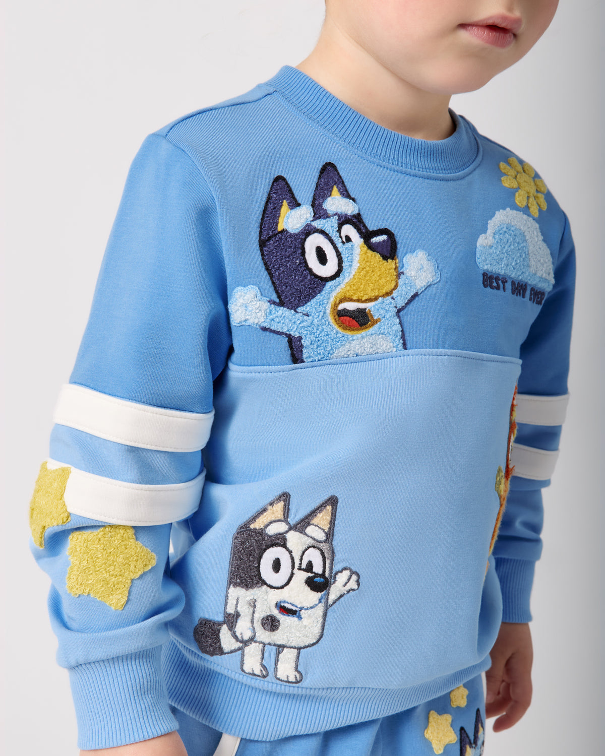 Close up of the color block and embroidered details on the Bluey Best Day Ever Crewneck Sweatshirt