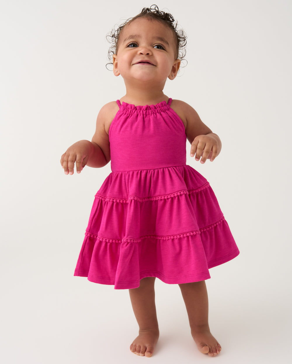 Toddler wearing the Pink Punch Open Back Tiered Dress with Bloomer
