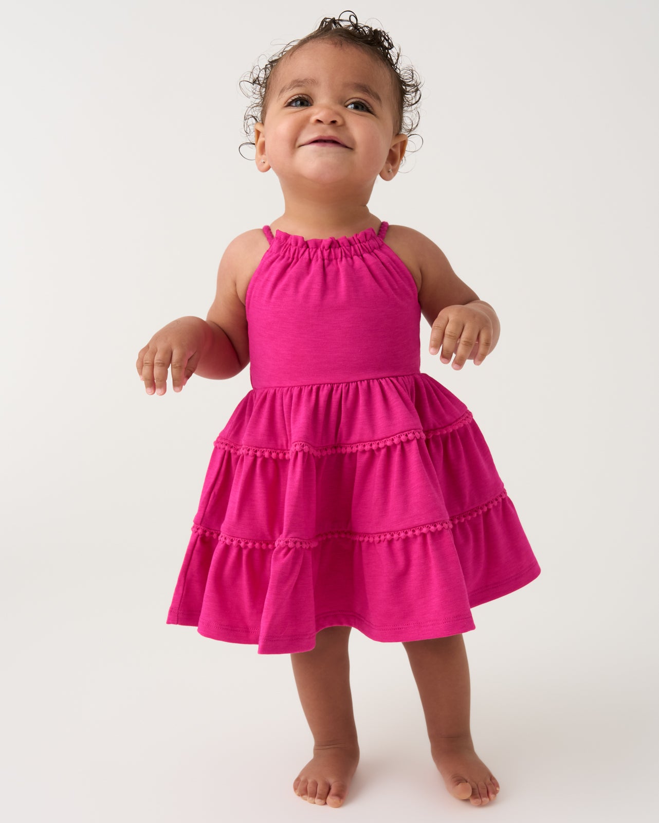 Toddler wearing the Pink Punch Open Back Tiered Dress with Bloomer