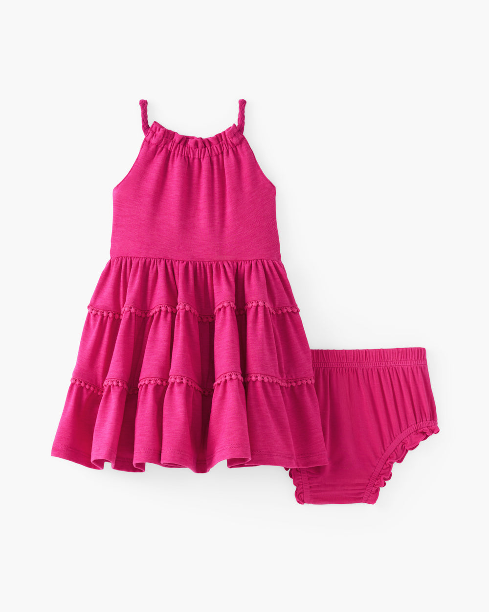 Flat lay of the Pink Punch Open Back Tiered Dress with Bloomer