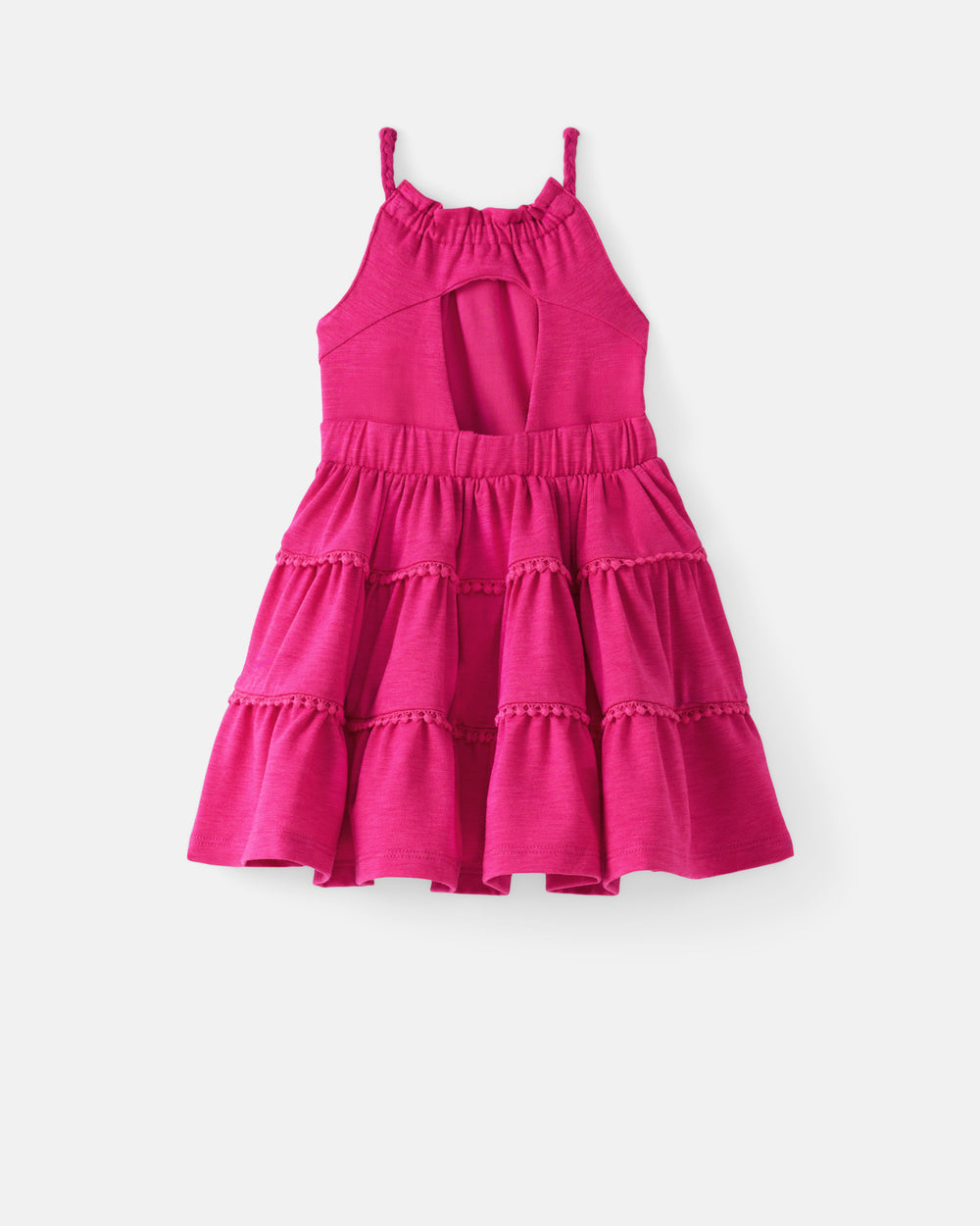 Flat lay of the back of the Pink Punch Open Back Tiered Dress with Bloomer