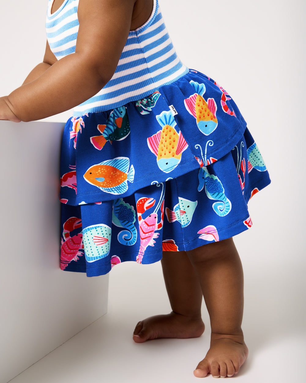 Close up of the skirt on the Tidepool Party Tiered Dress with Bloomer