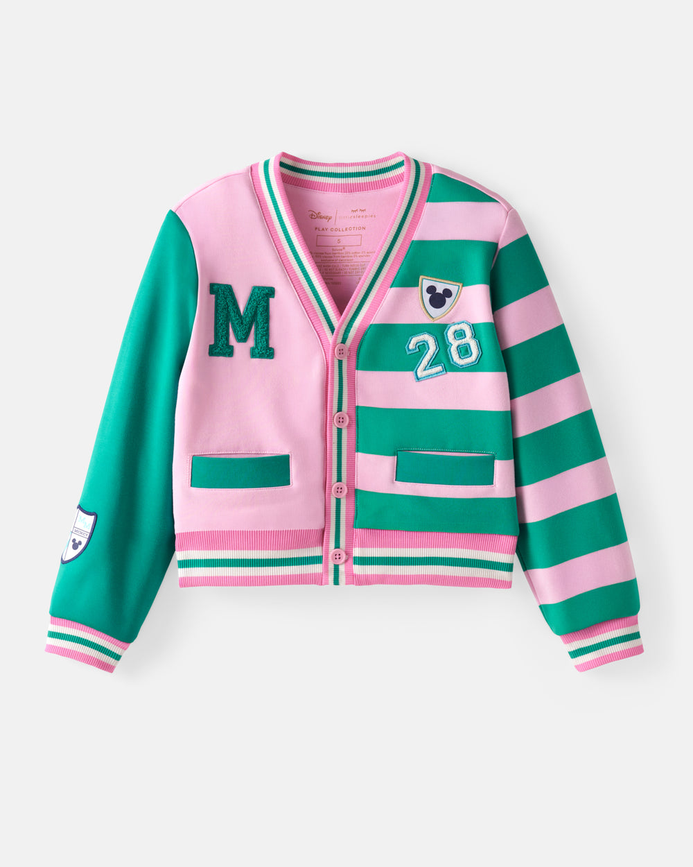 Flat lay of the front of the Disney Mickey Mouse Sports Club Varsity Cardigan
