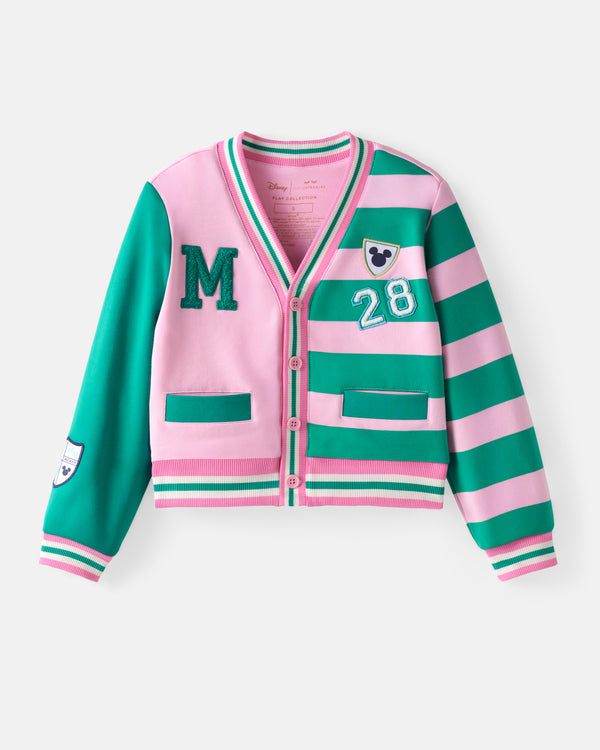 Flat lay of the front of the Disney Mickey Mouse Sports Club Varsity Cardigan