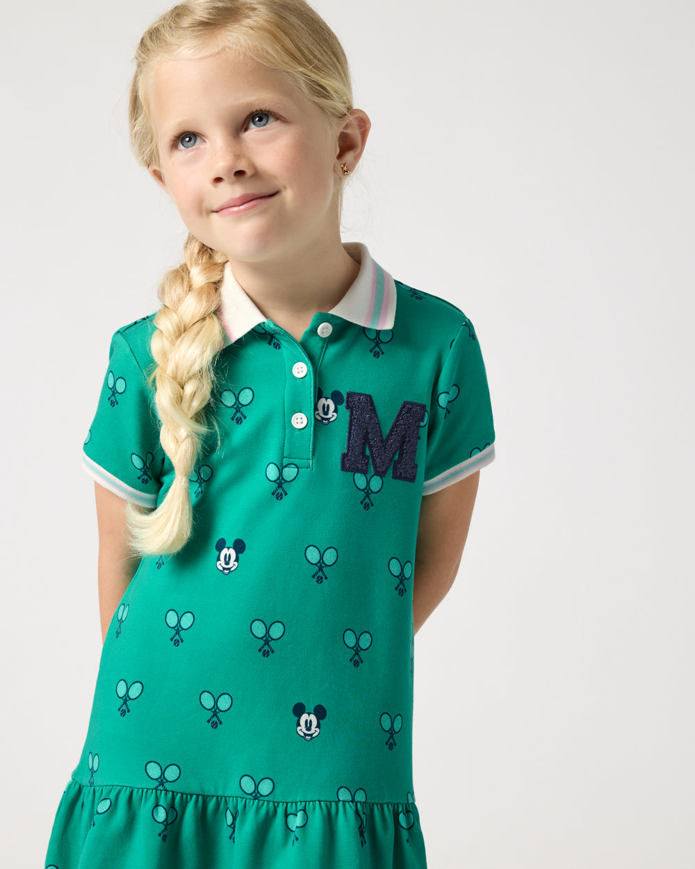 Close up of alternate girl wearing the Disney Mickey Mouse Racket Rally Drop Waist Dress