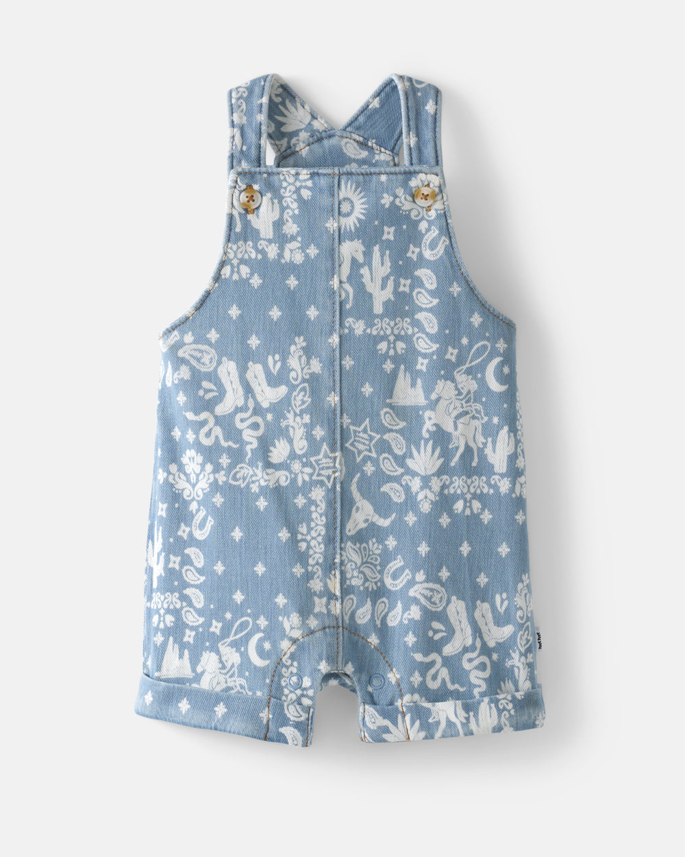 Flat lay of the Bandana Blues Denim Shorty Overall Romper