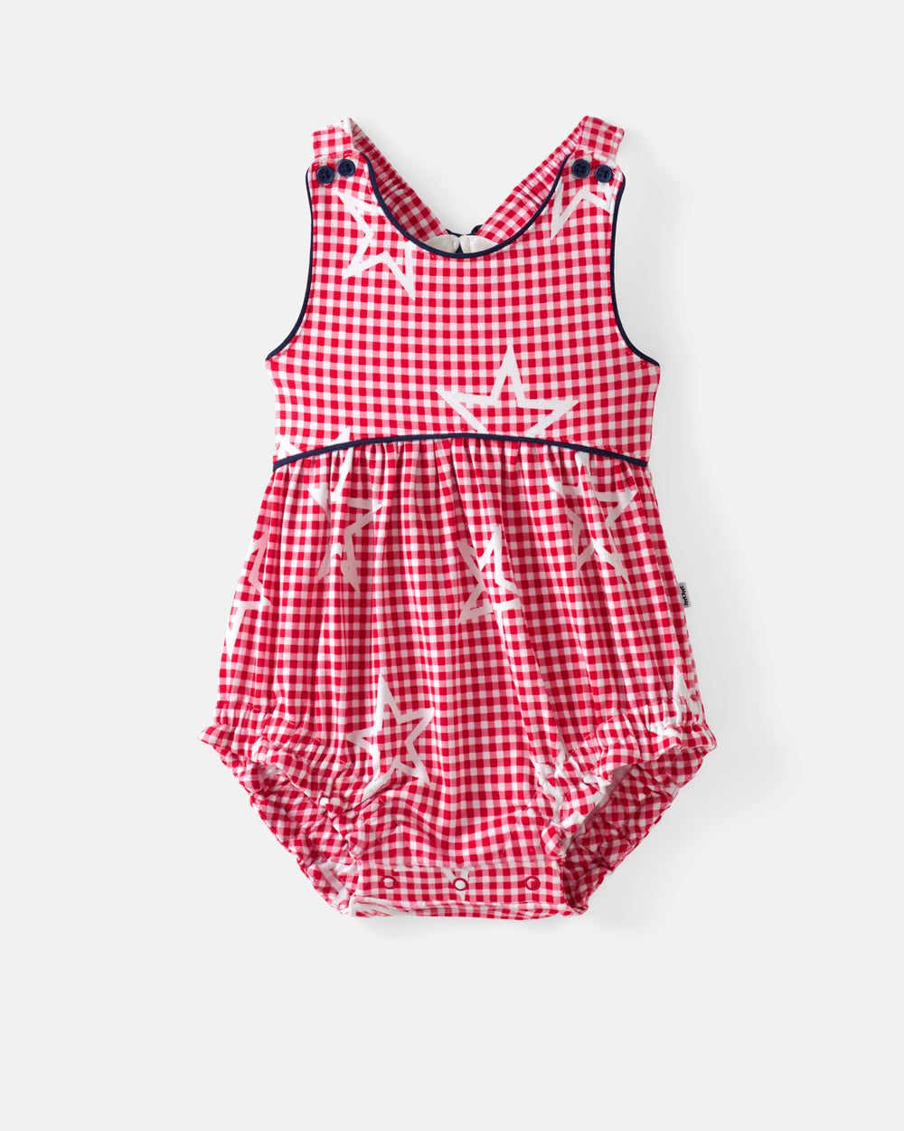 Flat lay of the front of the Celebration Gingham Bow Back Bubble Romper