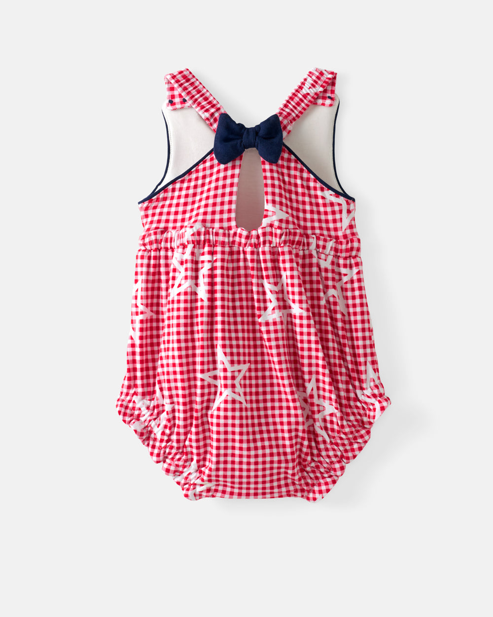 Flat lay of the back of the Celebration Gingham Bow Back Bubble Romper