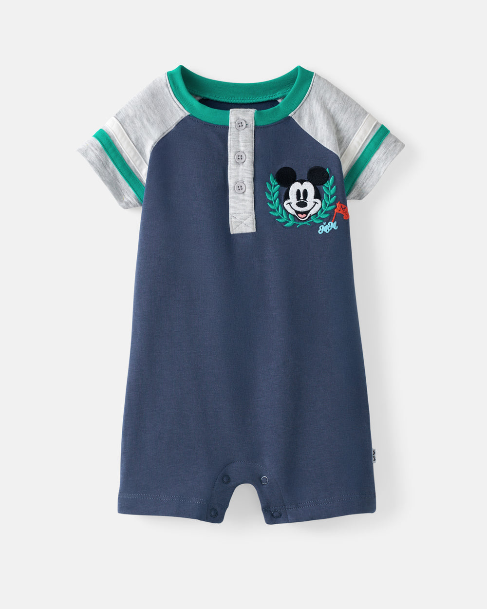 Flat lay of the front of the Disney Mickey Mouse Sports Club Henley Shorty Romper