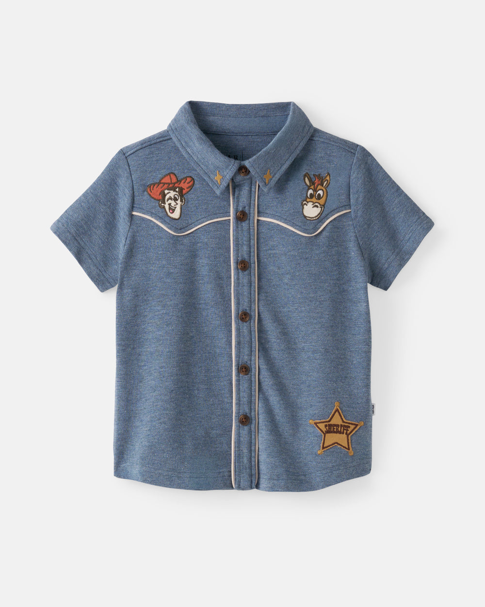 Flat lay of the front of the Disney & Pixar The Roundup Gang Button Down Polo