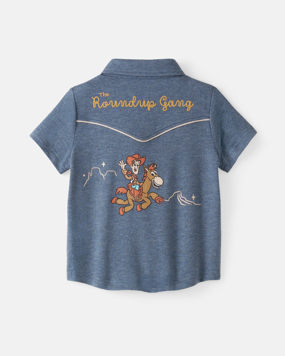 Flat lay of the back of the Disney & Pixar The Roundup Gang Button Down Polo