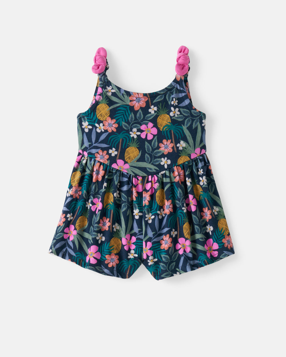 Flat lay of the Tropical Garden Baby Bow Strap Romper