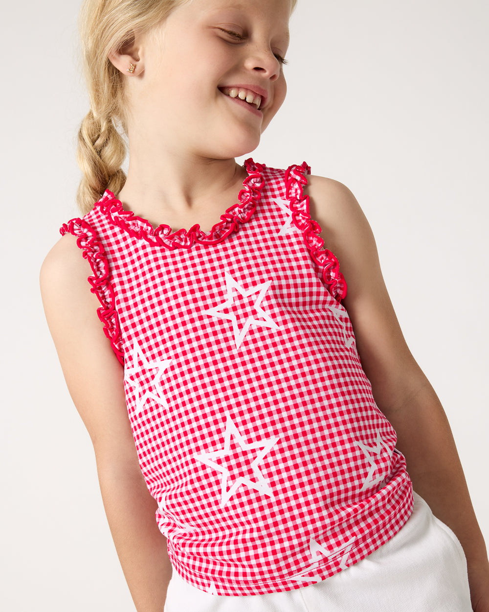 Close up of alternate girl wearing the Celebration Gingham Ruffle Tank Top