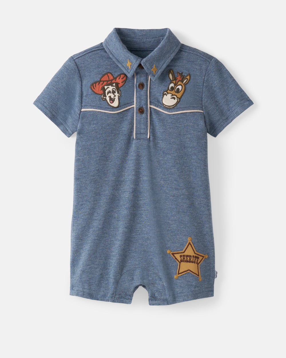 Flat lay of the front of the Disney & Pixar The Roundup Gang Polo Shorty Romper
