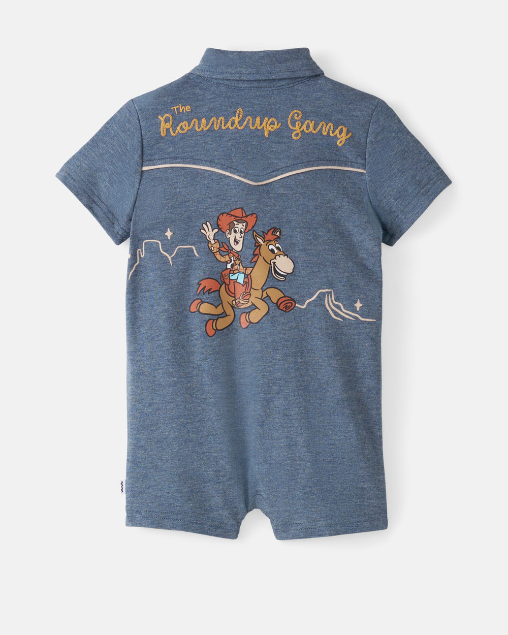 Flat lay of the back of the Disney & Pixar The Roundup Gang Polo Shorty Romper