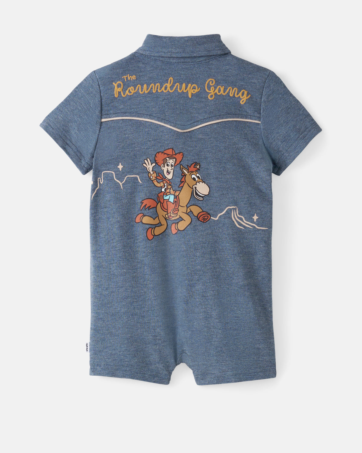 Flat lay of the back of the Disney & Pixar The Roundup Gang Polo Shorty Romper