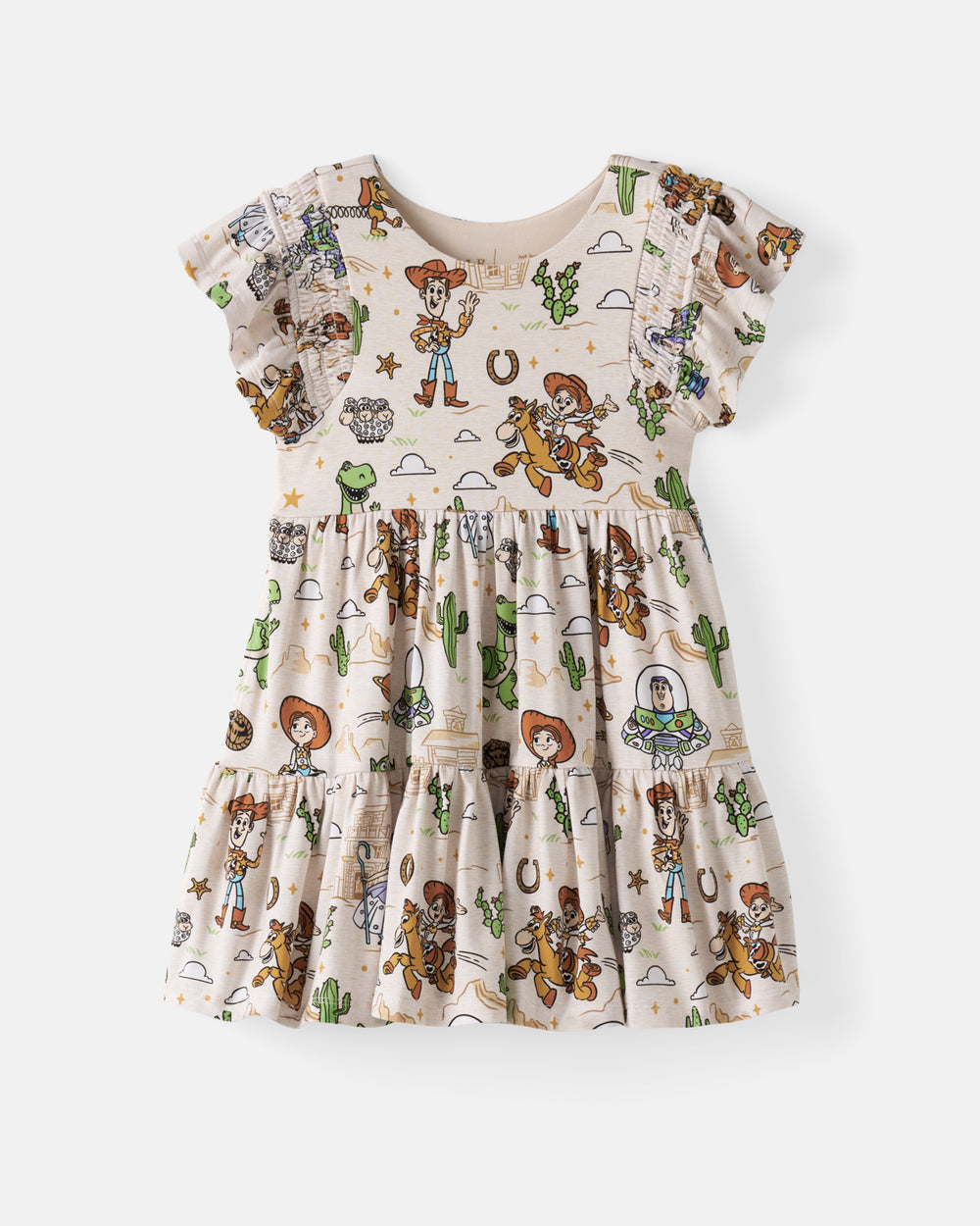 Flat lay of the Disney & Pixar Woody's Wild West Tiered Flutter Dress